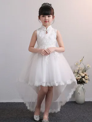 Designed Neckline Tulle Sleeveless Short High Low Princess Embroidered Kids Party Dresses