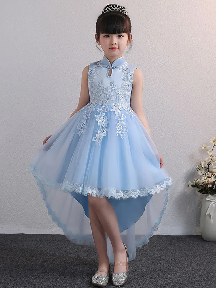 Designed Neckline Tulle Sleeveless Short High Low Princess Embroidered Kids Party Dresses
