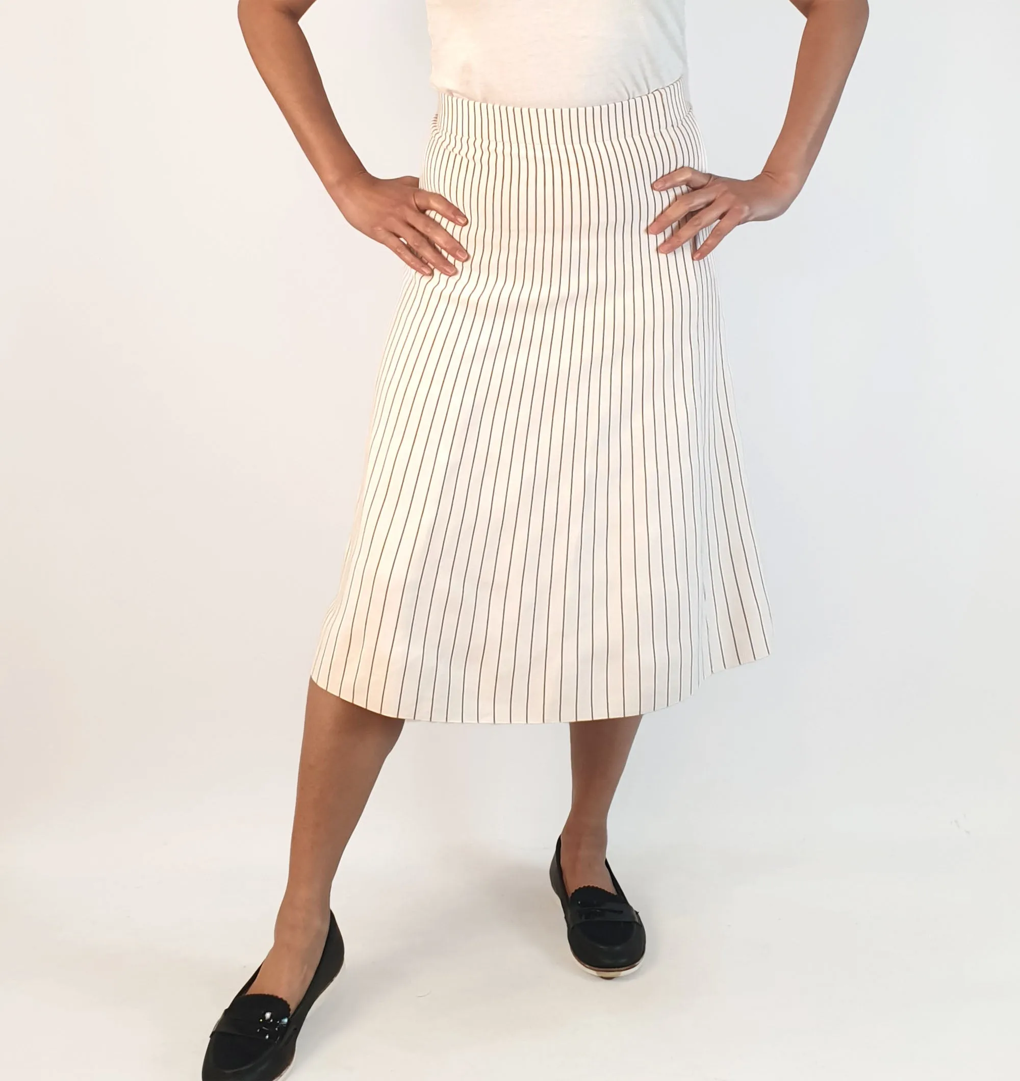 Elka Collective white and brown striped midi skirt size 10