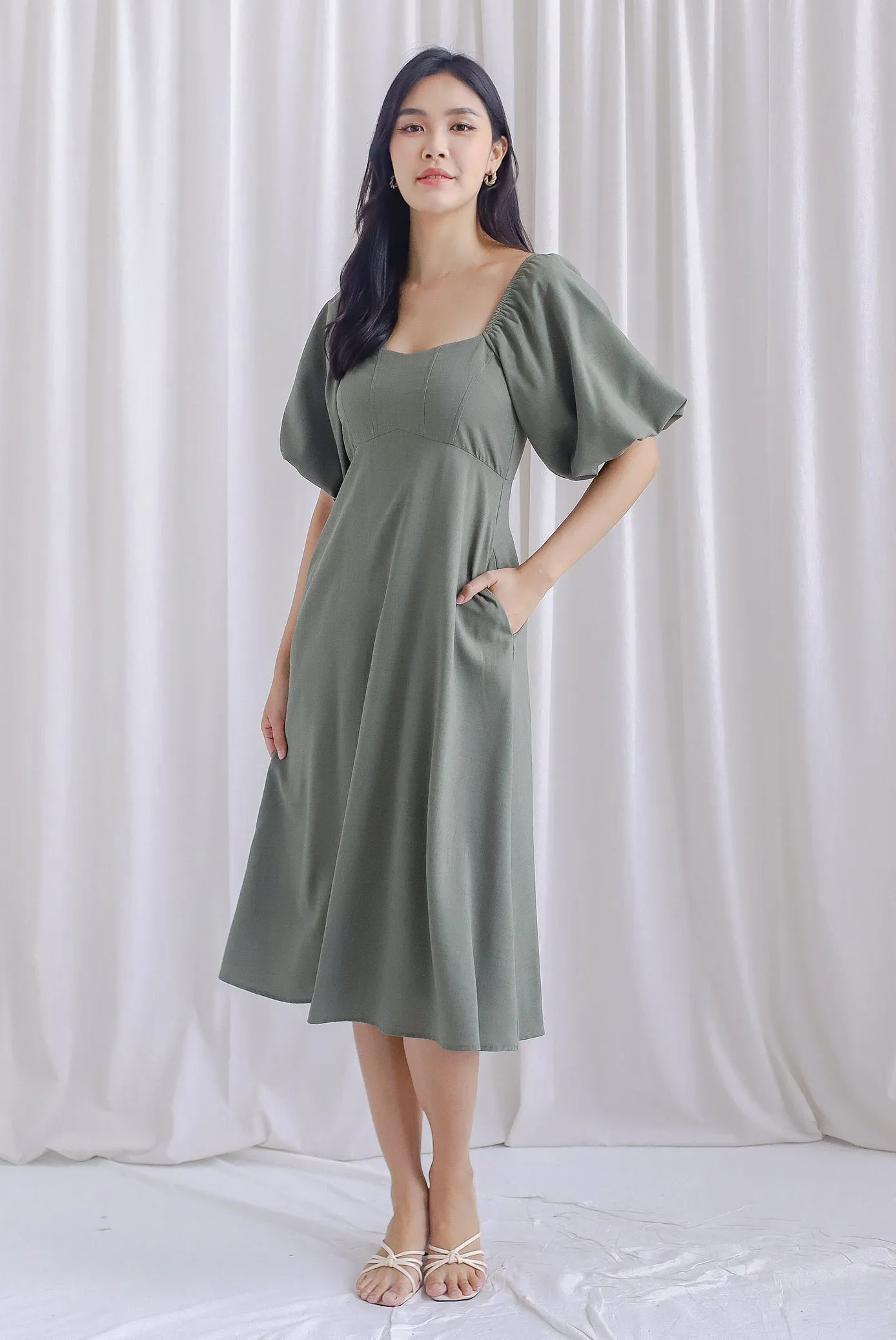 Ellie Puffy Sleeve Seam Bustier Midi Dress In Olive