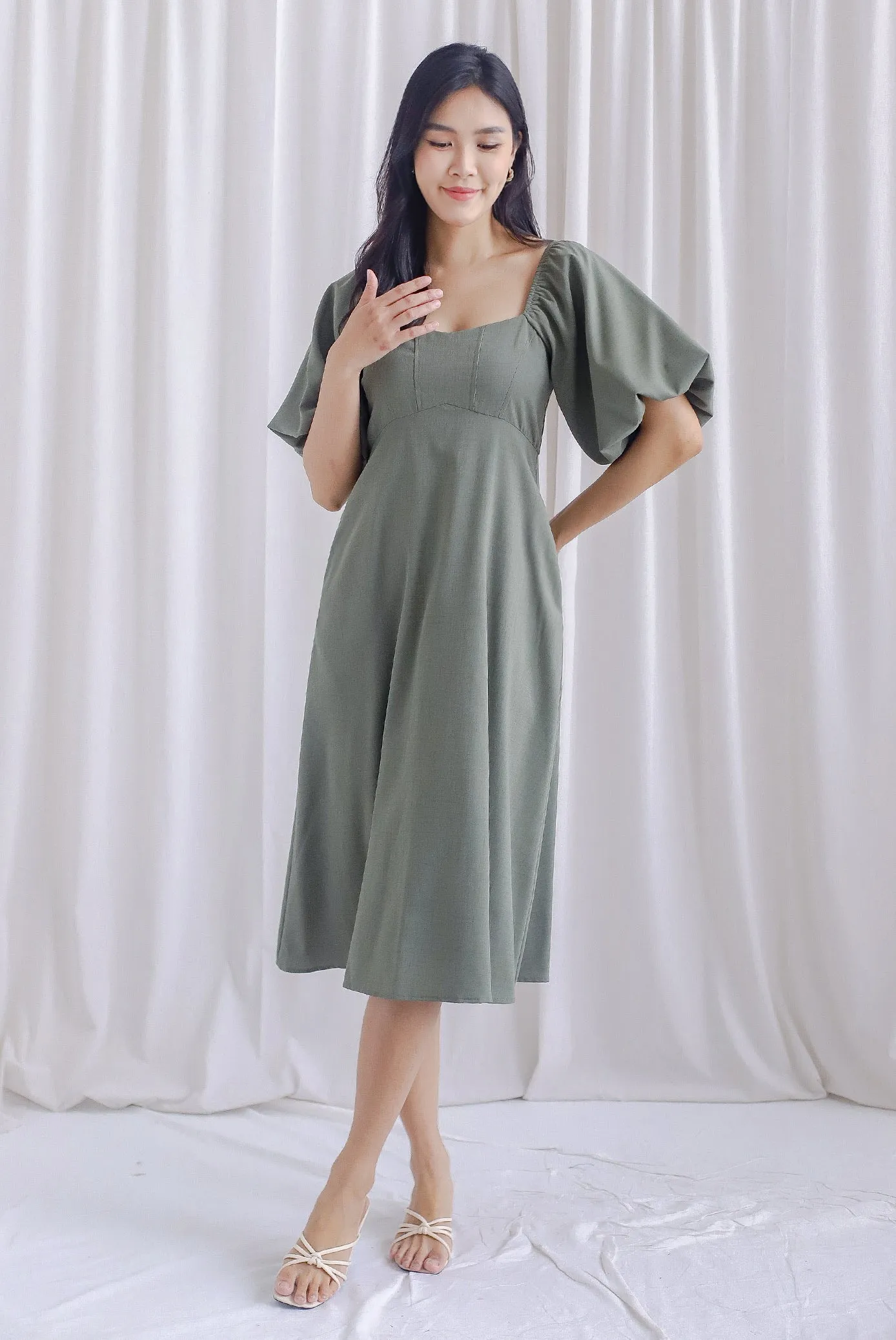 Ellie Puffy Sleeve Seam Bustier Midi Dress In Olive
