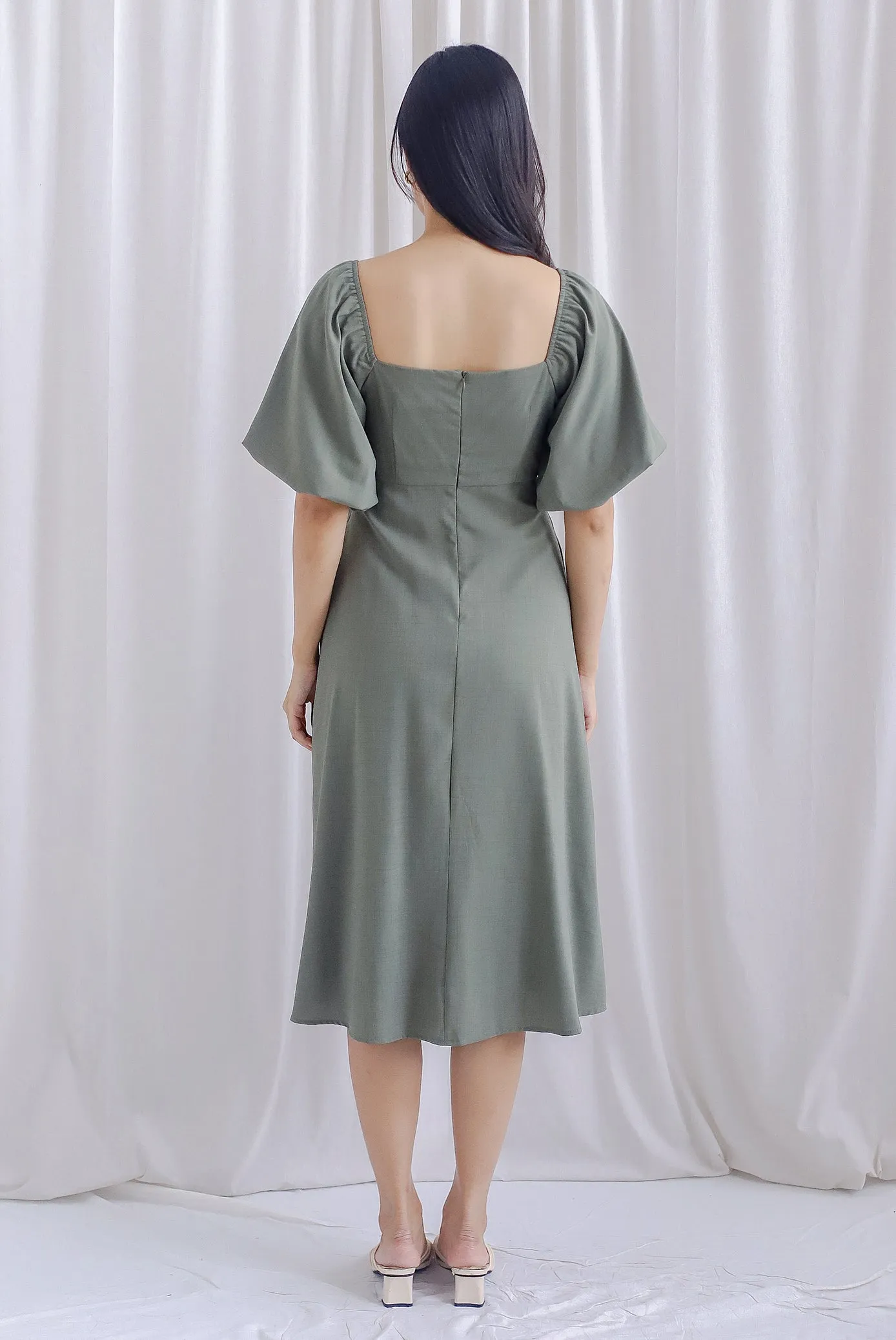 Ellie Puffy Sleeve Seam Bustier Midi Dress In Olive