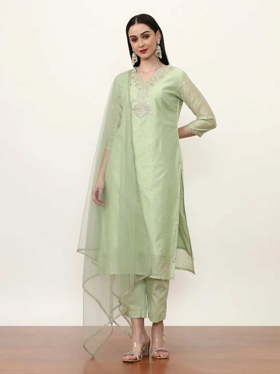 Embroidered Chanderi Cotton Solid Kurta Sets With Net Dupatta