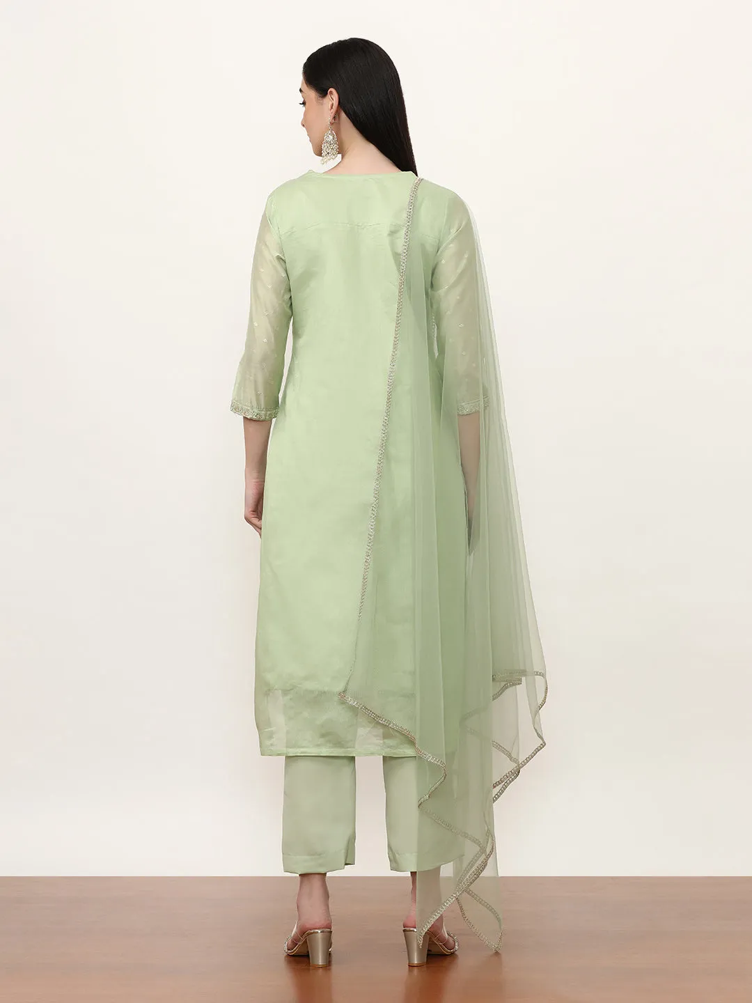 Embroidered Chanderi Cotton Solid Kurta Sets With Net Dupatta