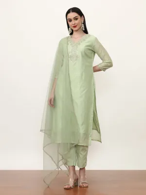 Embroidered Chanderi Cotton Solid Kurta Sets With Net Dupatta