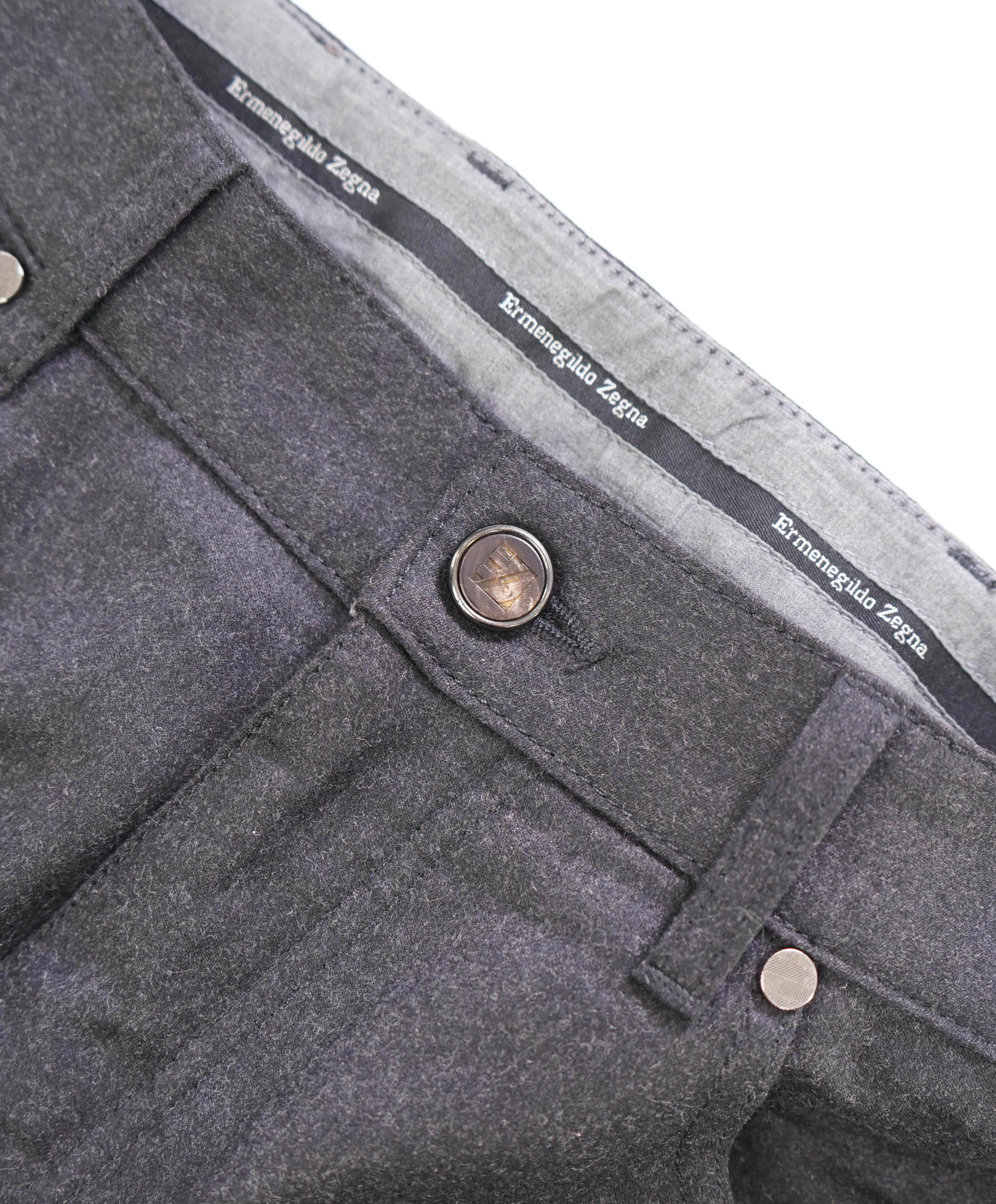 ERMENEGILDO ZEGNA - Gray Flanel WOOL Suede Logo Tag 5-Pocket Pants- 32W