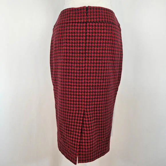 F &amp; F Vintage-Style Red Black Wool Blend Houndstooth Slim Slim Pencil Skirt 8