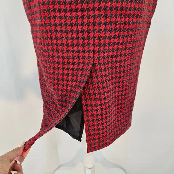F &amp; F Vintage-Style Red Black Wool Blend Houndstooth Slim Slim Pencil Skirt 8