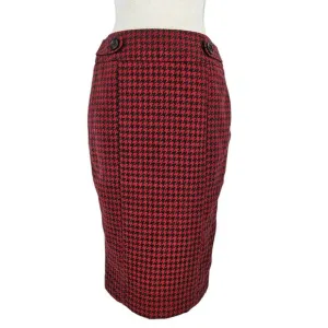 F &amp; F Vintage-Style Red Black Wool Blend Houndstooth Slim Slim Pencil Skirt 8