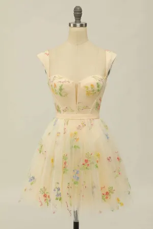 Floral Print Sweetheart A-Line Tulle Short Party Dress Homecoming Dresses OK1849