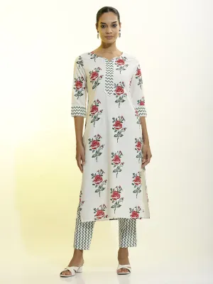 Floral Printed Cotton Straight White Kurta Set