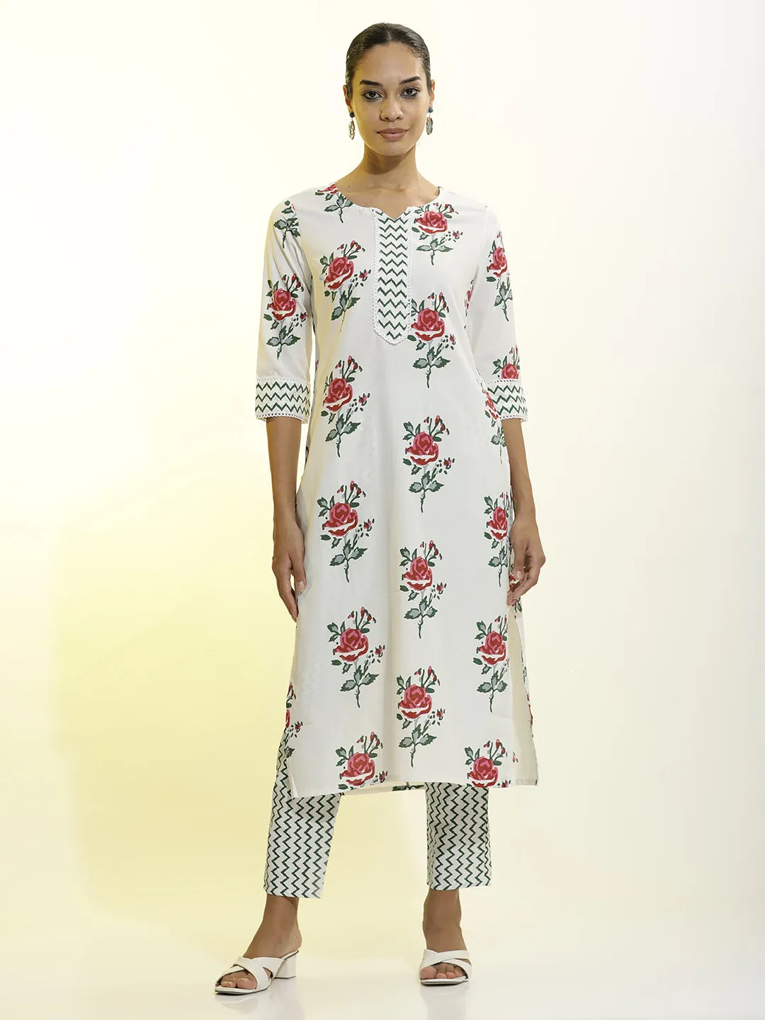 Floral Printed Cotton Straight White Kurta Set