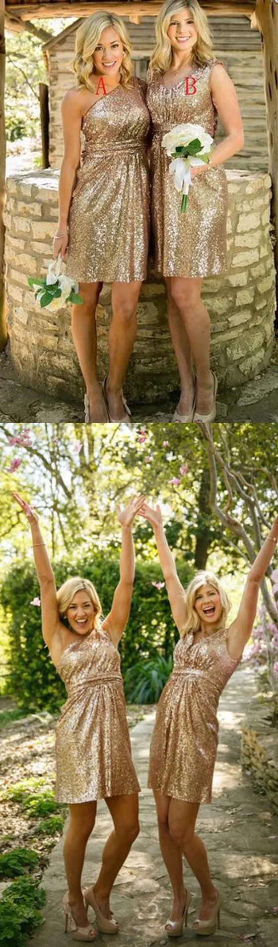 Gold Sequin Mismatched Shinning Knee-Length Cheap Bridesmaid Dresses, BG51315