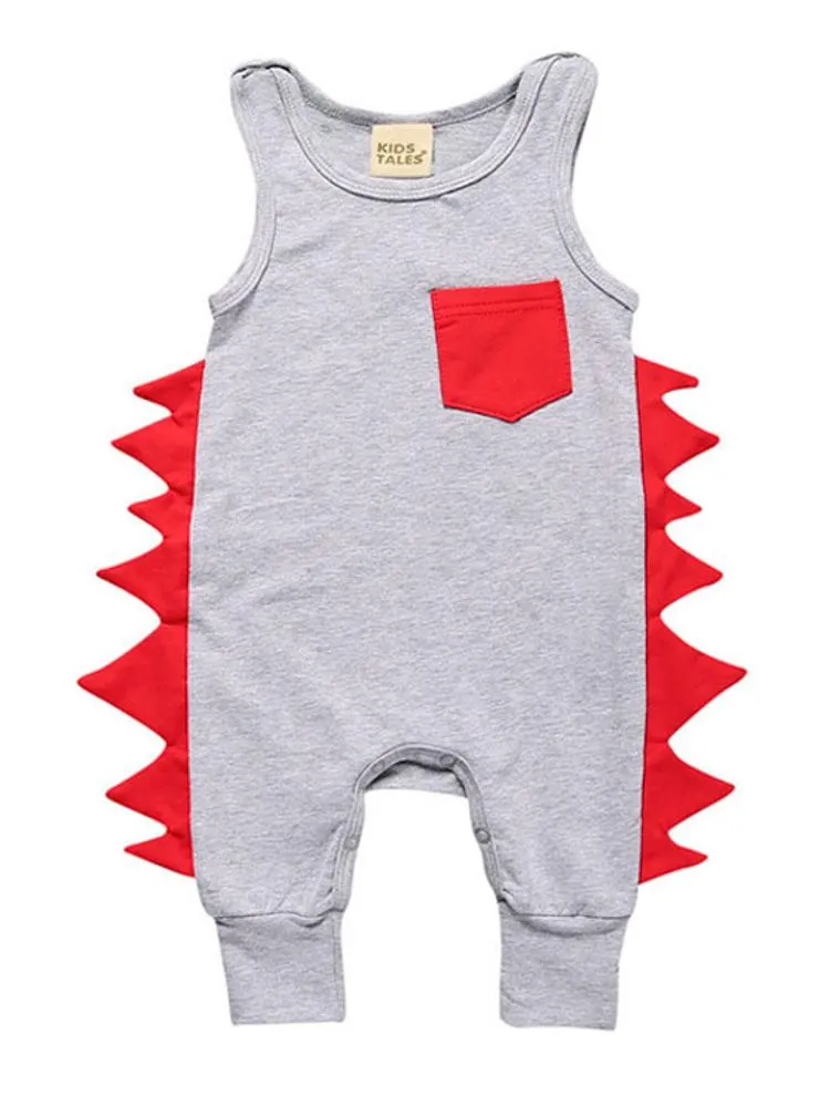 Grey Dino Baby Romper with Red Soft Dino Spikes