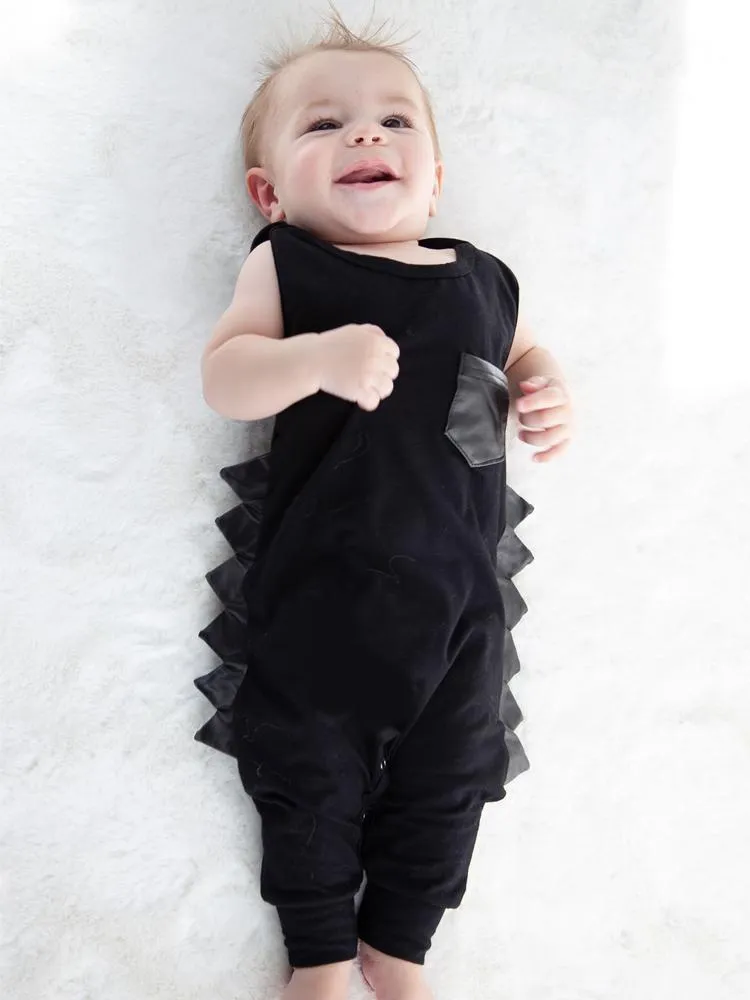 Grey Dino Baby Romper with Red Soft Dino Spikes