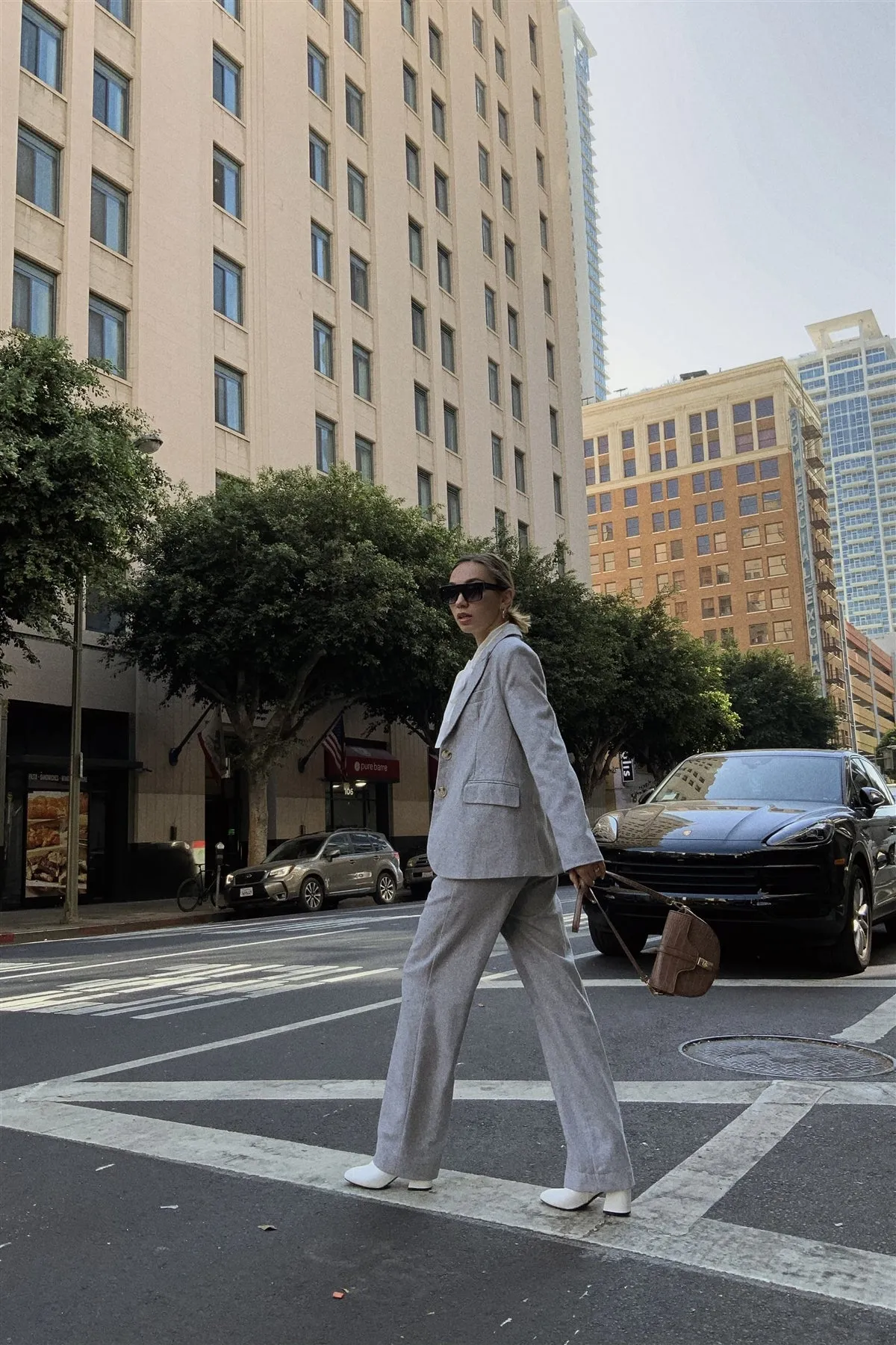 Grey Wool Blazer Office Chic Pleated High-waist Ankle Pant Set