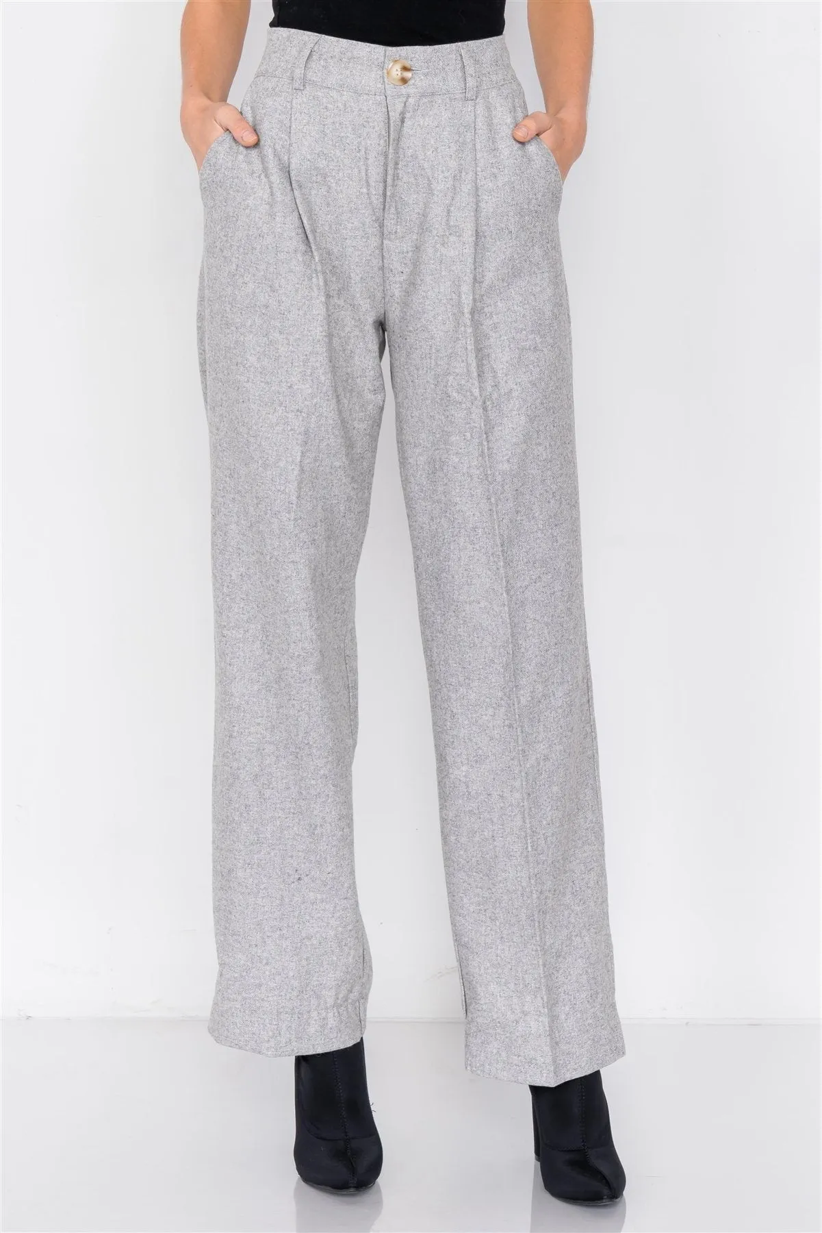 Grey Wool Blazer Office Chic Pleated High-waist Ankle Pant Set