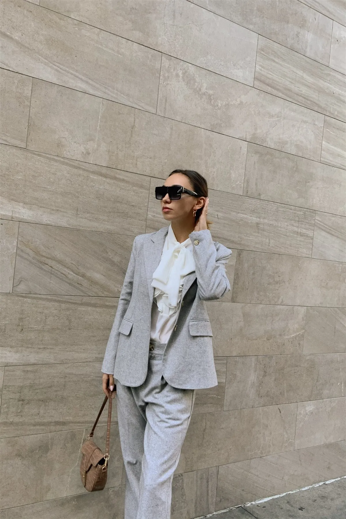 Grey Wool Blazer Office Chic Pleated High-waist Ankle Pant Set