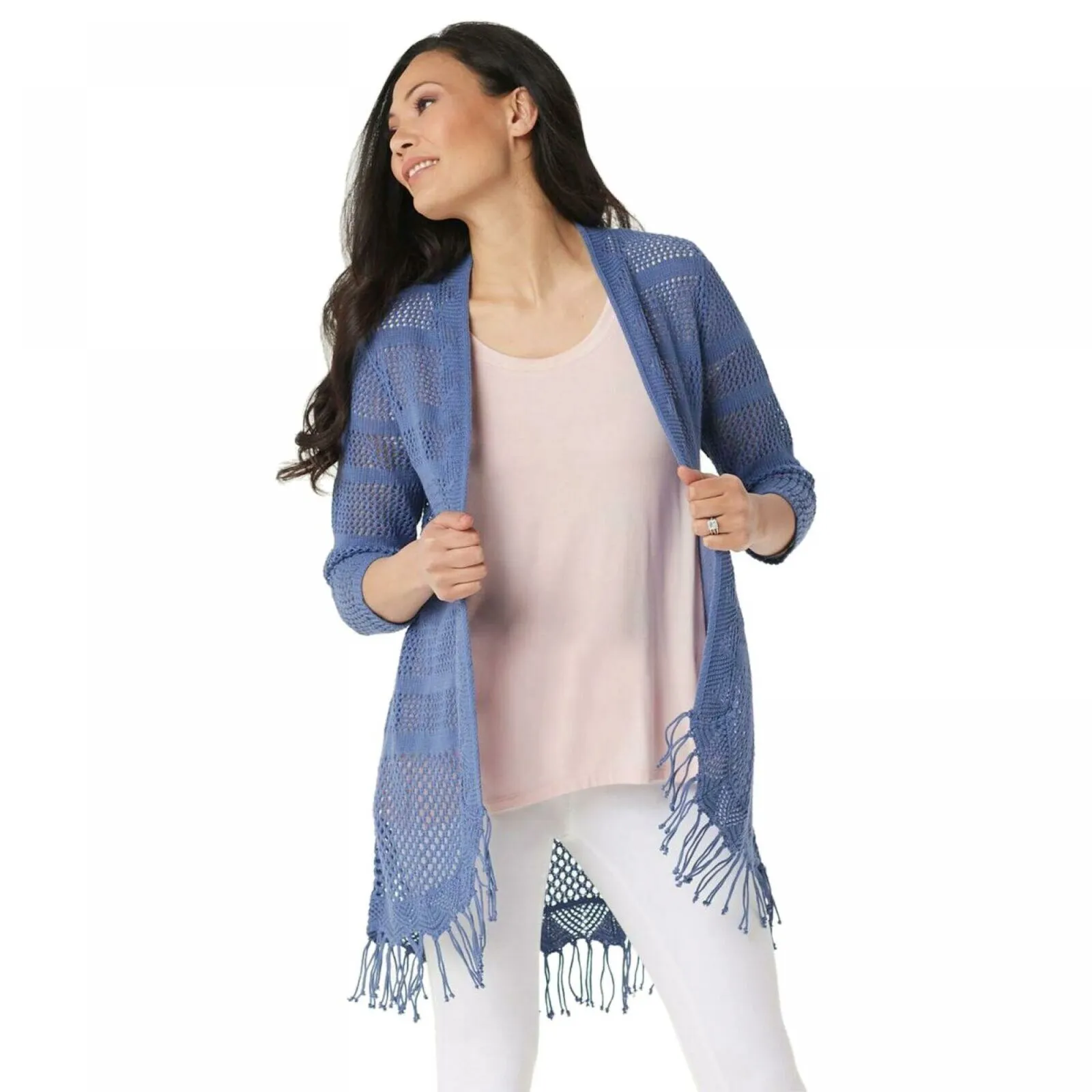 H by Halston Plus Size Draped Textured Knit Cardigan With Tassel Hem