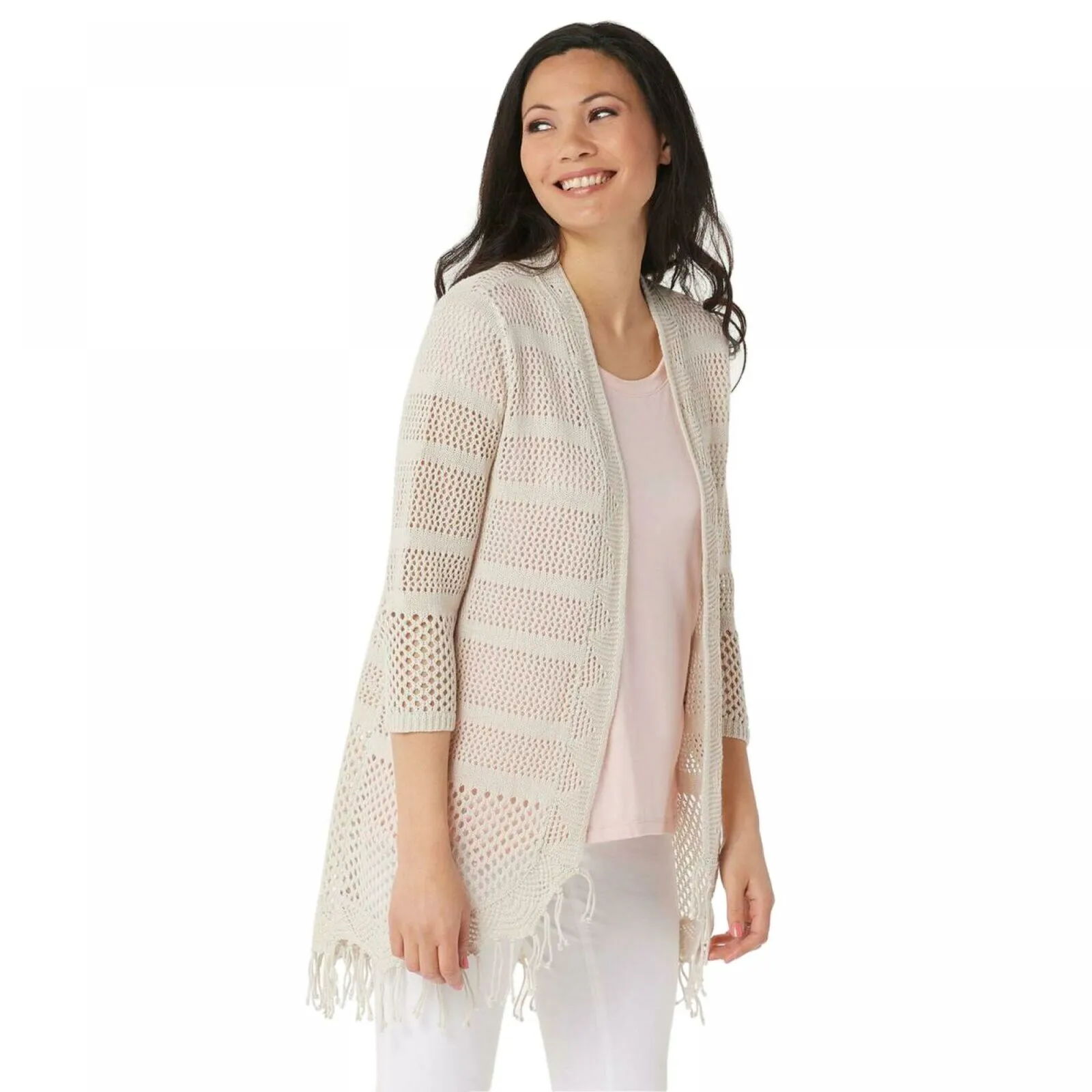 H by Halston Plus Size Draped Textured Knit Cardigan With Tassel Hem
