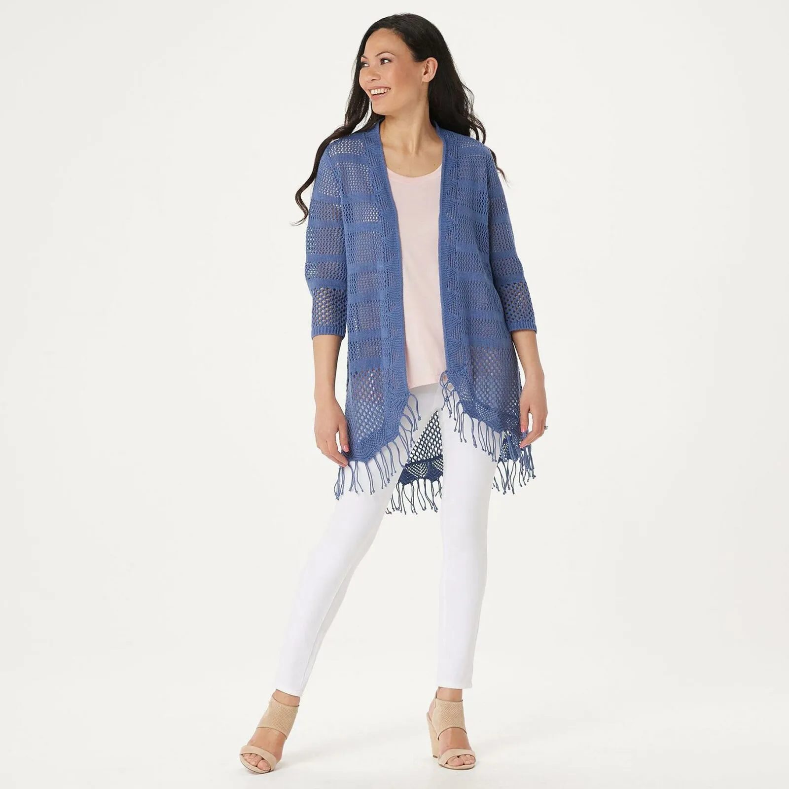 H by Halston Plus Size Draped Textured Knit Cardigan With Tassel Hem