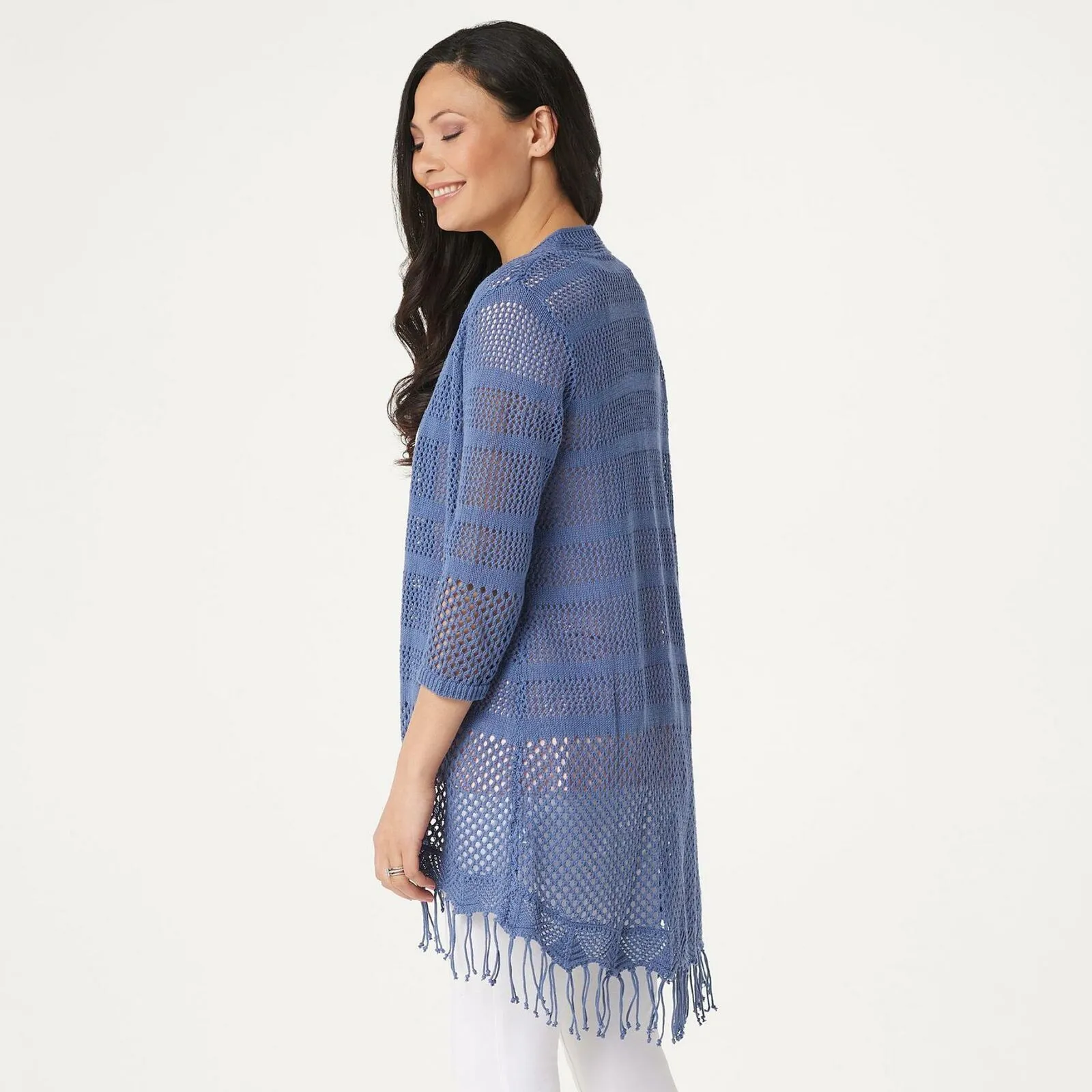 H by Halston Plus Size Draped Textured Knit Cardigan With Tassel Hem