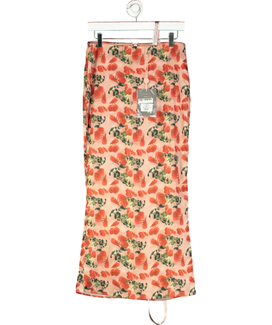 House of CB Pink Rose Print Satin Midi Skirt UK S