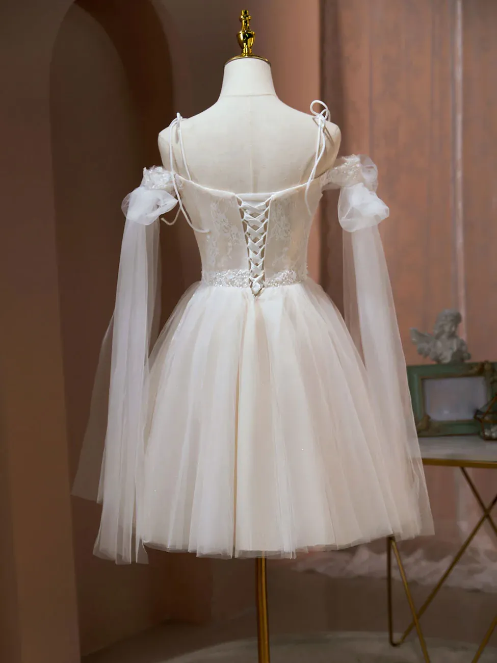 Ivory Tulle Knee Length with Lace Short Prom Dress, Cute Ivory Party Dresses