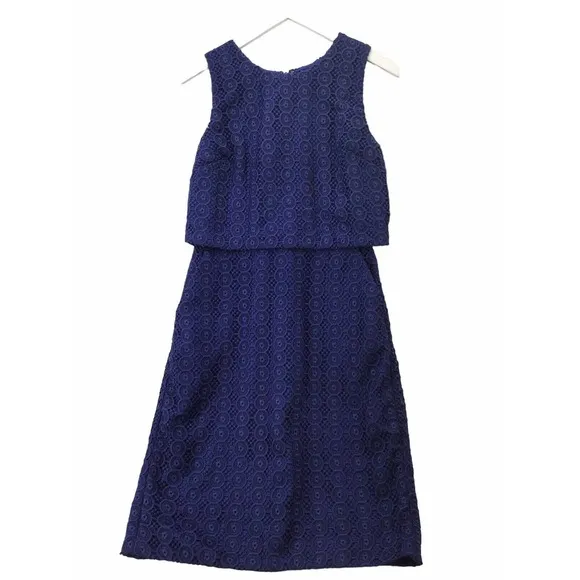 J.CREW SHEATH DRESS WOMENS SIZE 8 BLUE FLORAL EMBROIDERED LACED SLEEVELESS