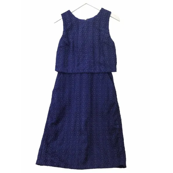 J.CREW SHEATH DRESS WOMENS SIZE 8 BLUE FLORAL EMBROIDERED LACED SLEEVELESS