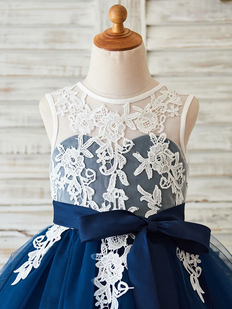 Jewel Neck Lace Sleeveless Short Princess Sash Kids Party Dresses