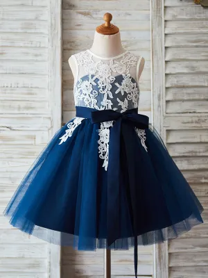 Jewel Neck Lace Sleeveless Short Princess Sash Kids Party Dresses