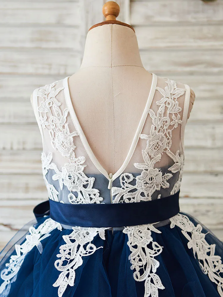 Jewel Neck Lace Sleeveless Short Princess Sash Kids Party Dresses