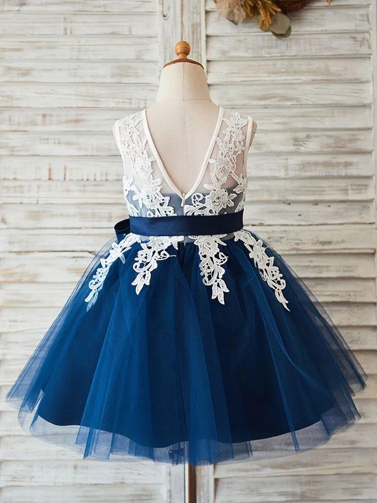 Jewel Neck Lace Sleeveless Short Princess Sash Kids Party Dresses
