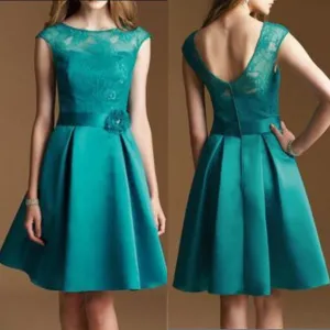 Junior Cap Sleeve Lace Top Satin Teal Green Knee-Length Inexpensive Bridesmaid Dresses, WG37