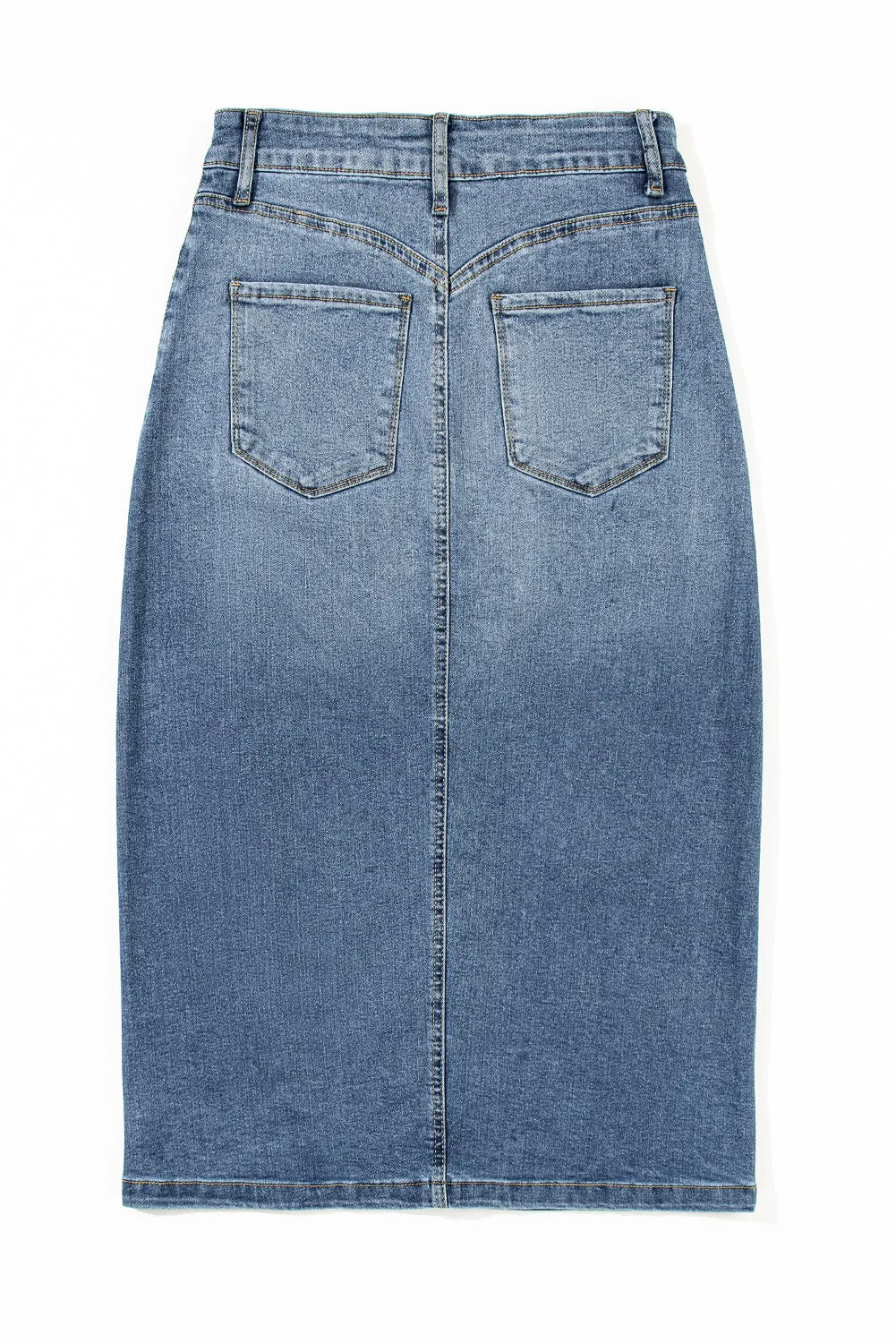 KaleaBoutique 4 Patch Pockets Front Slit Midi Denim Skirt