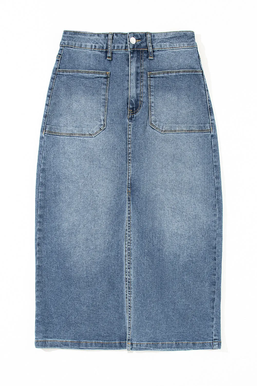 KaleaBoutique 4 Patch Pockets Front Slit Midi Denim Skirt