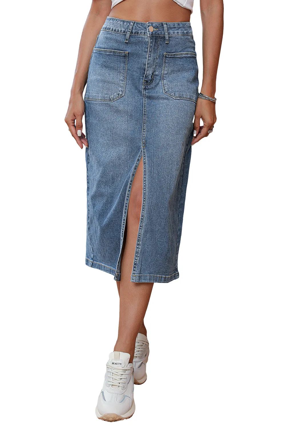 KaleaBoutique 4 Patch Pockets Front Slit Midi Denim Skirt