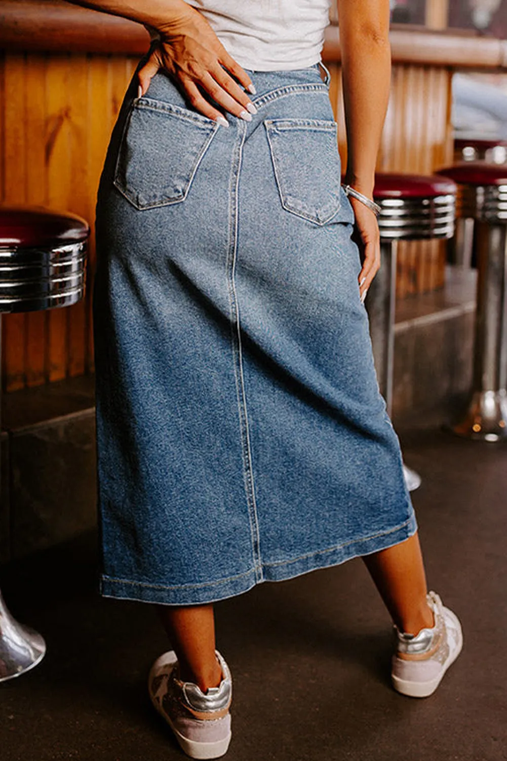 KaleaBoutique 4 Patch Pockets Front Slit Midi Denim Skirt