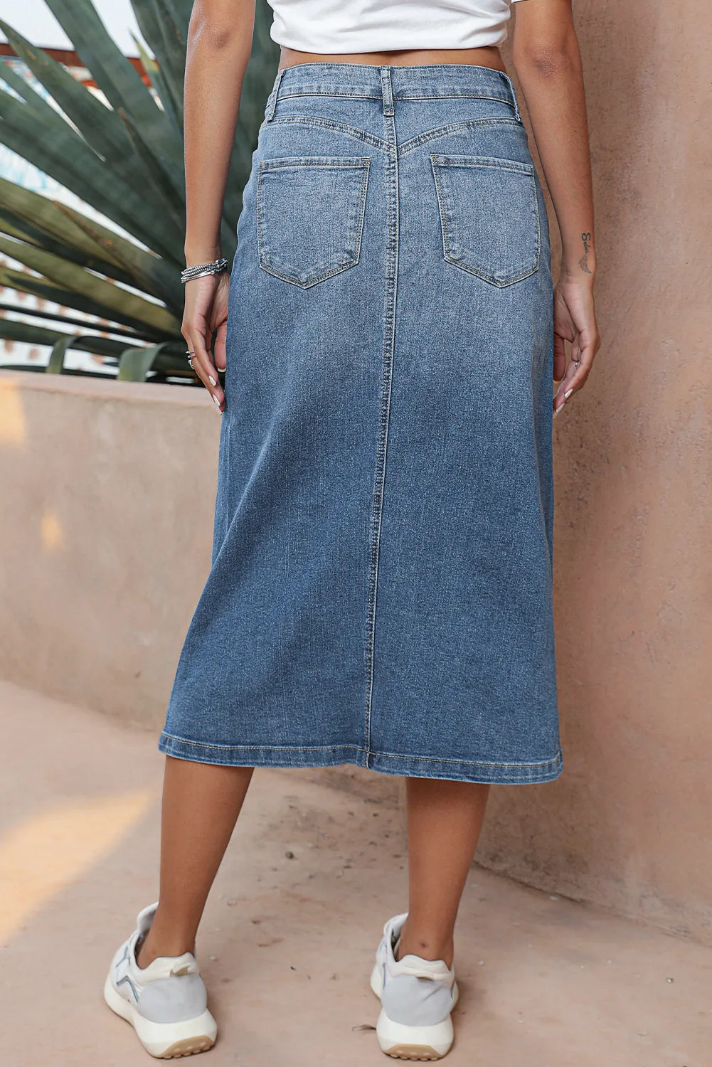 KaleaBoutique 4 Patch Pockets Front Slit Midi Denim Skirt