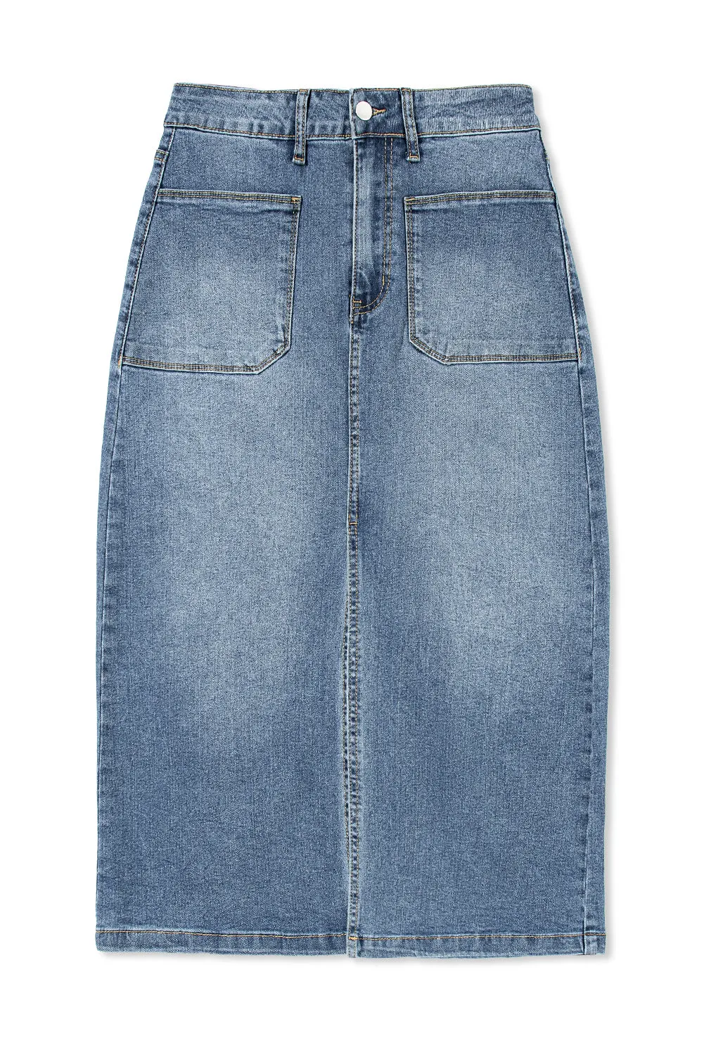 KaleaBoutique 4 Patch Pockets Front Slit Midi Denim Skirt