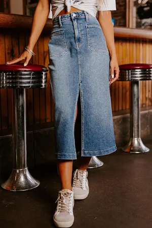 KaleaBoutique 4 Patch Pockets Front Slit Midi Denim Skirt