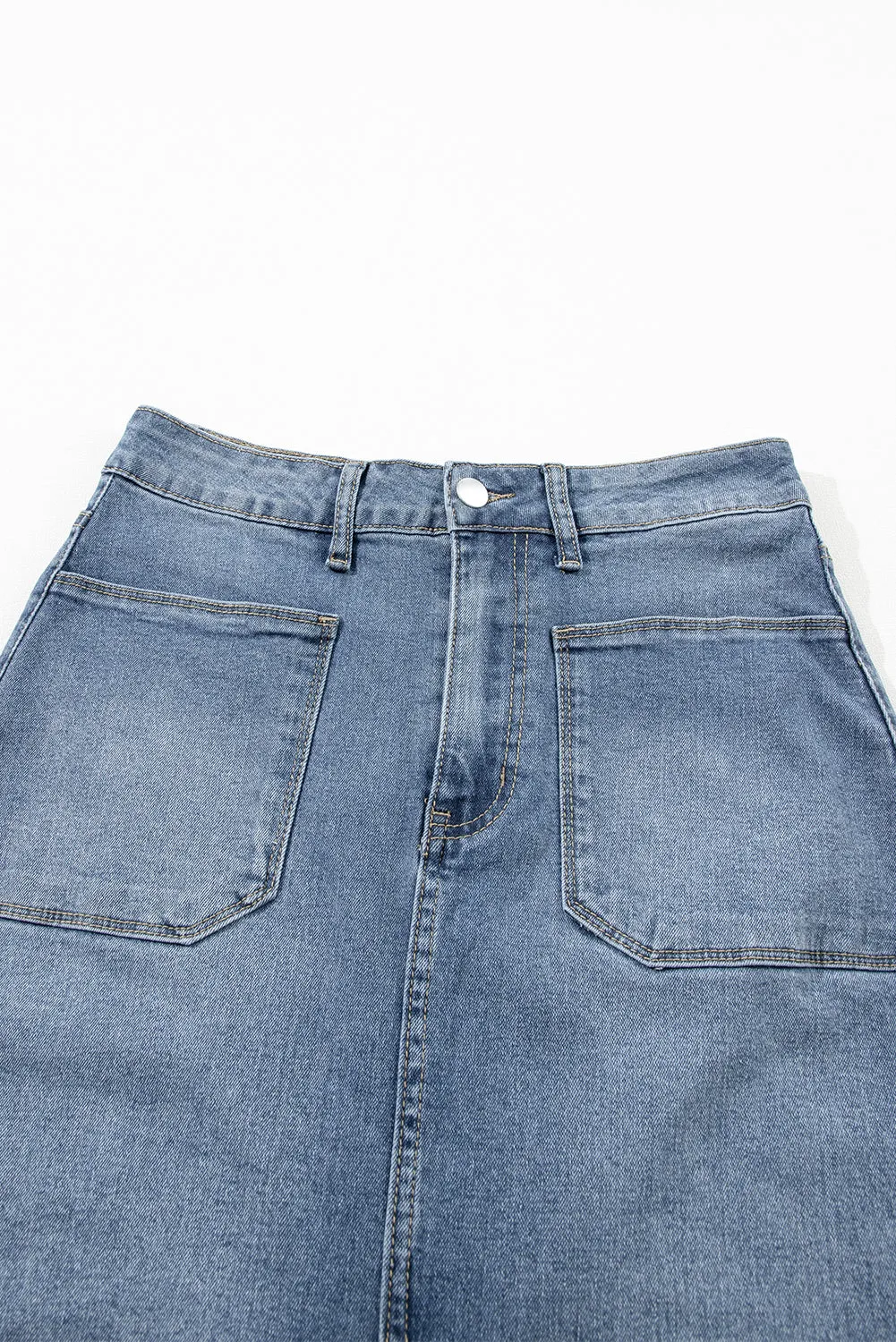 KaleaBoutique 4 Patch Pockets Front Slit Midi Denim Skirt