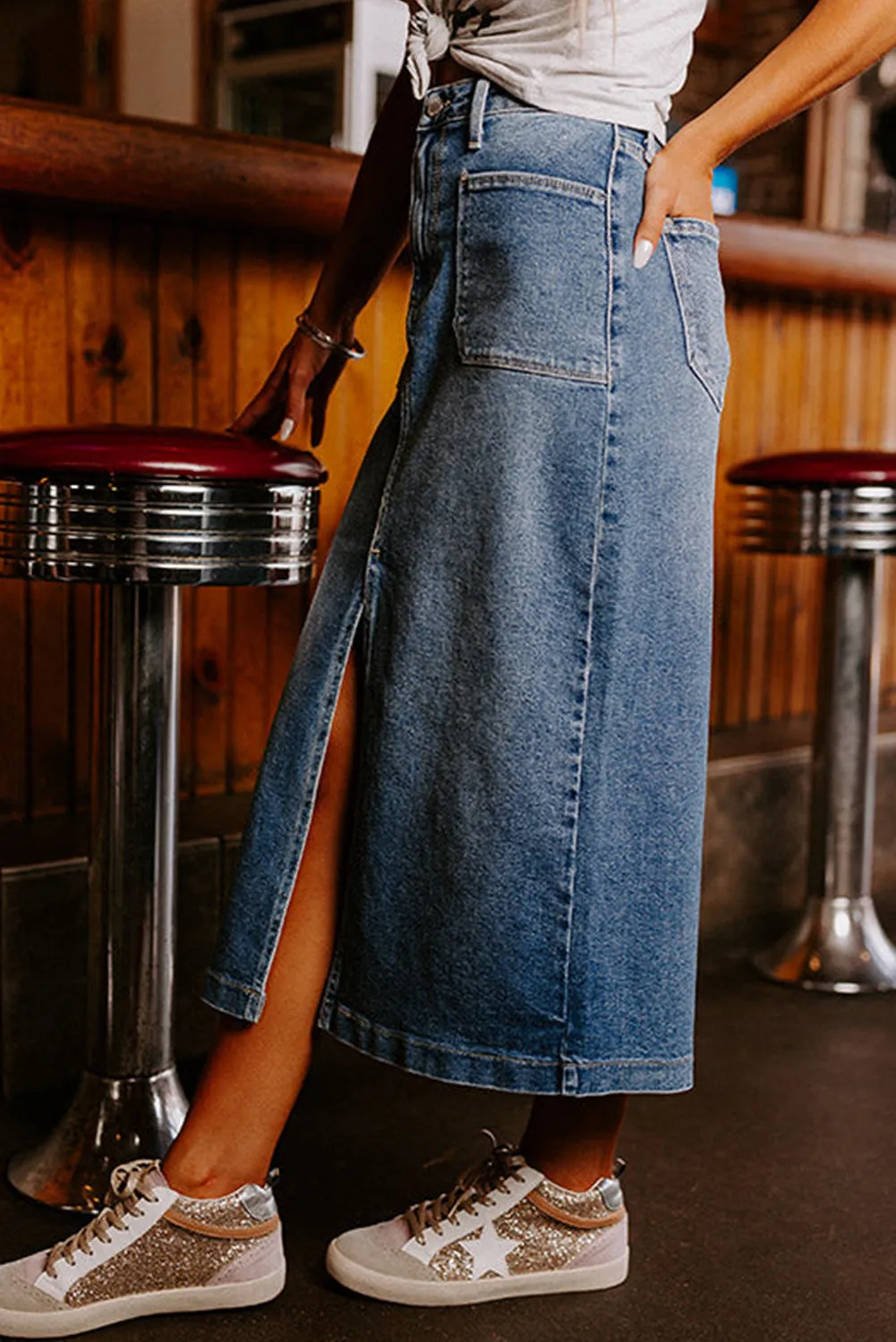 KaleaBoutique 4 Patch Pockets Front Slit Midi Denim Skirt