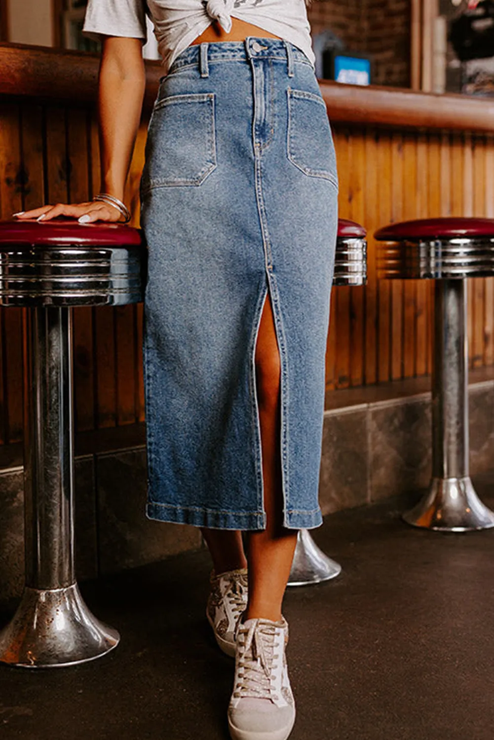 KaleaBoutique 4 Patch Pockets Front Slit Midi Denim Skirt