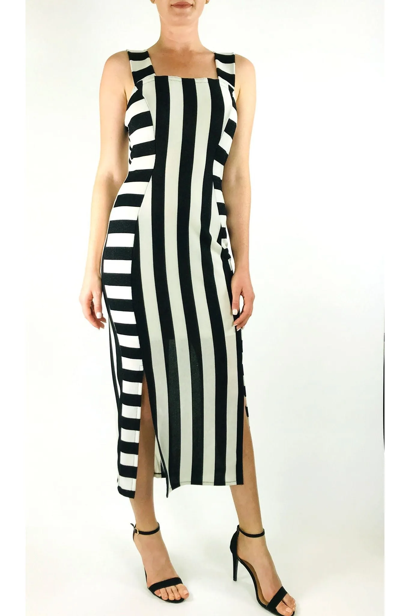 KARINA Sleeveless Princess Seam Fitted Striped Dress