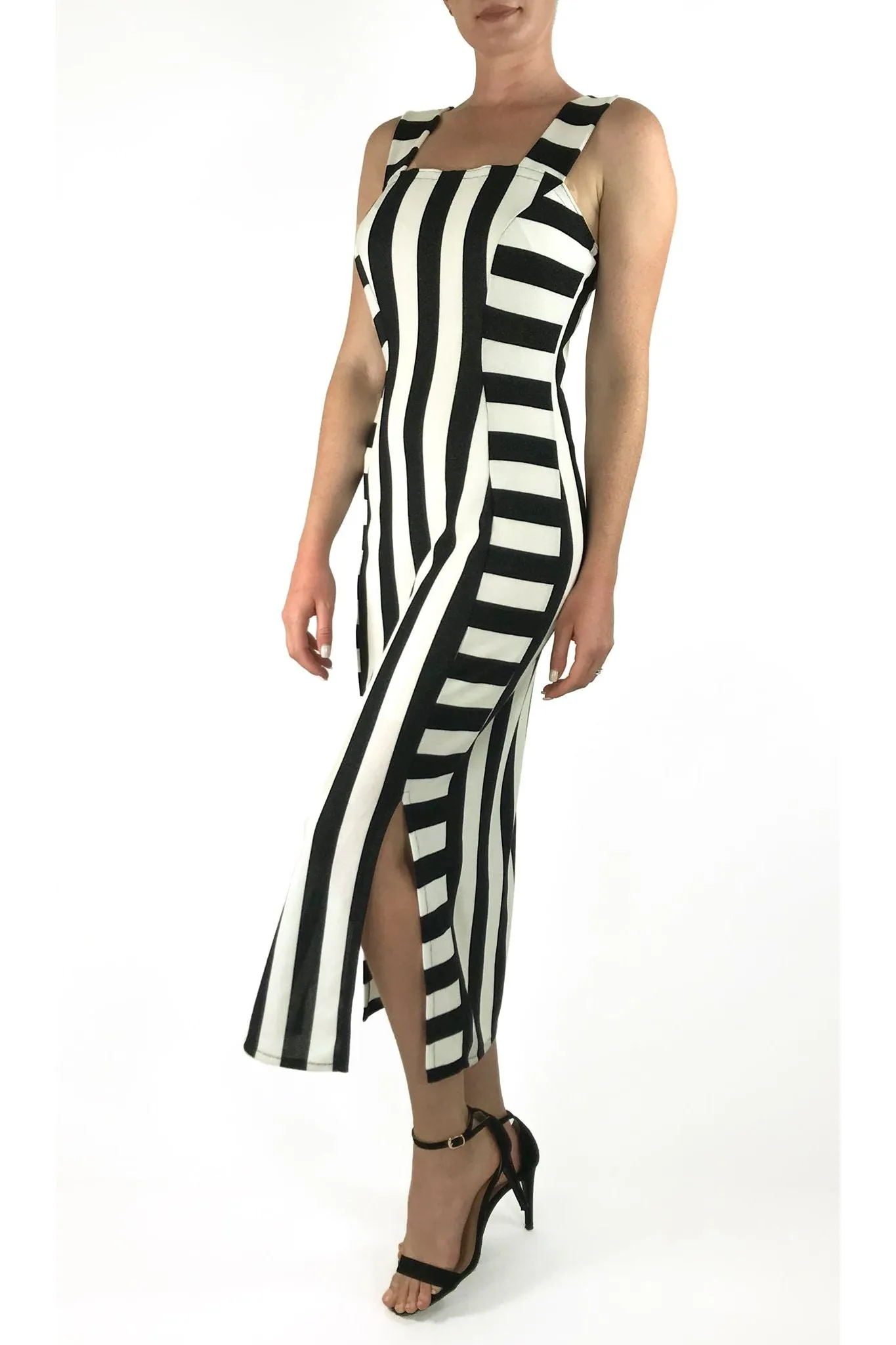 KARINA Sleeveless Princess Seam Fitted Striped Dress