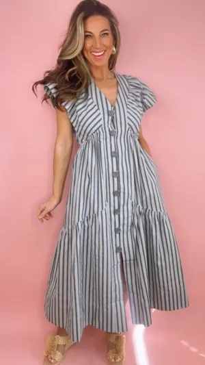 Karlie Blue Stripe Button Down Maxi Dress