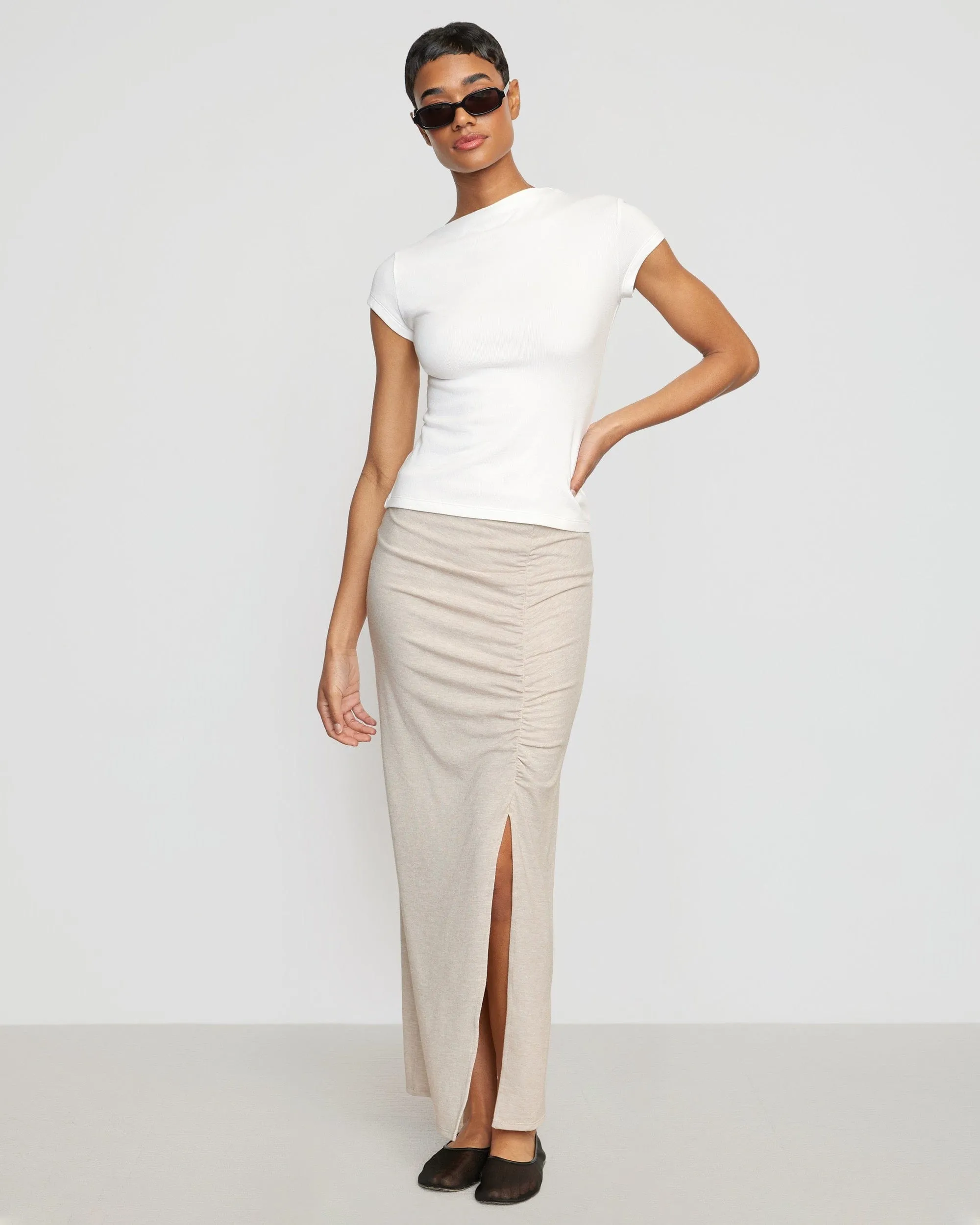 Kiki Ruched Side-Slit Midi Skirt