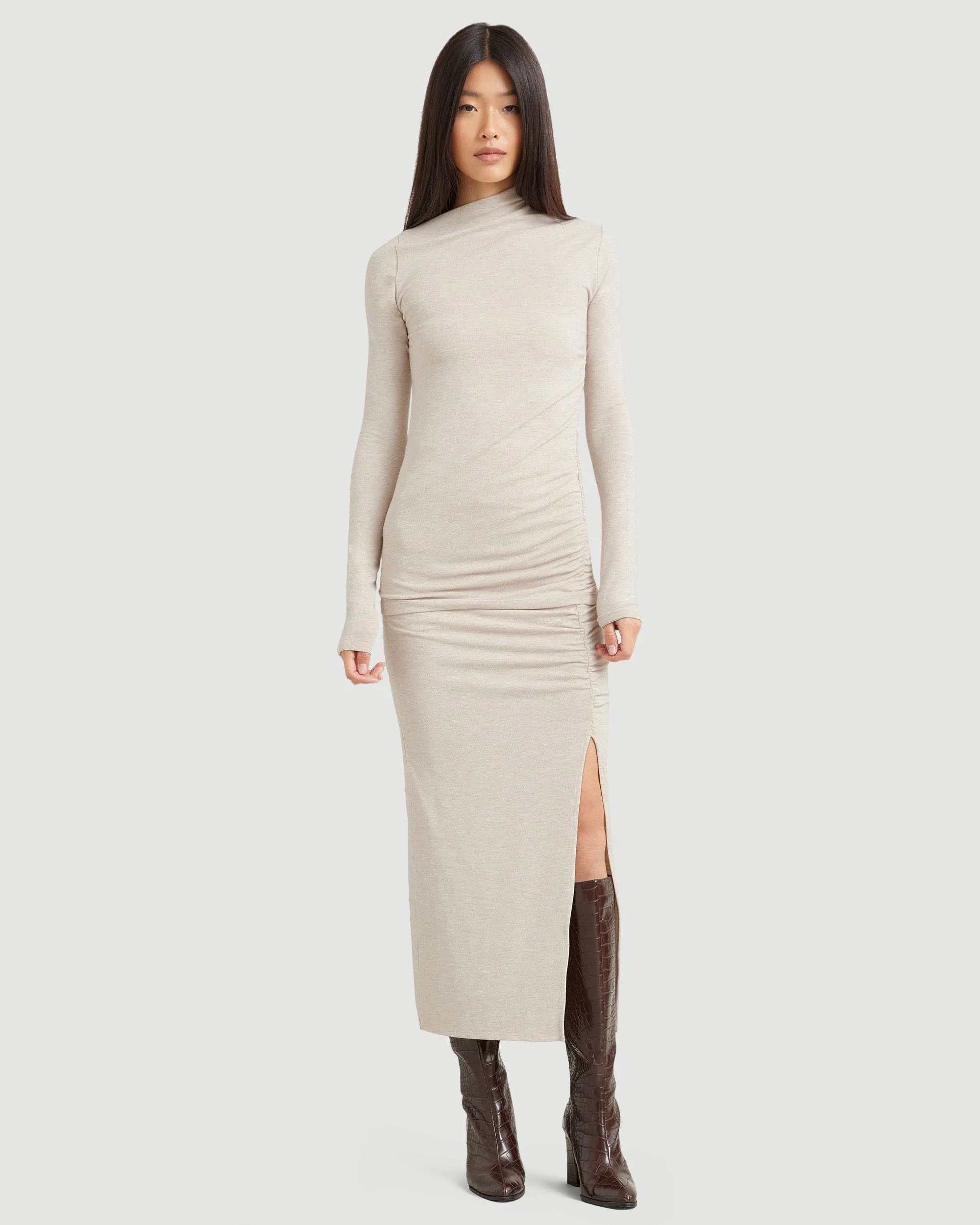 Kiki Ruched Side-Slit Midi Skirt